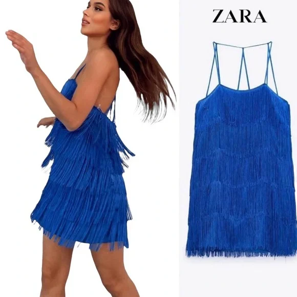 Zara Cobalt Blue Fringe Mini Dress Flapper western Festive Holiday Party Dress - Picture 2 of 9